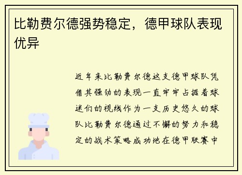 比勒费尔德强势稳定，德甲球队表现优异